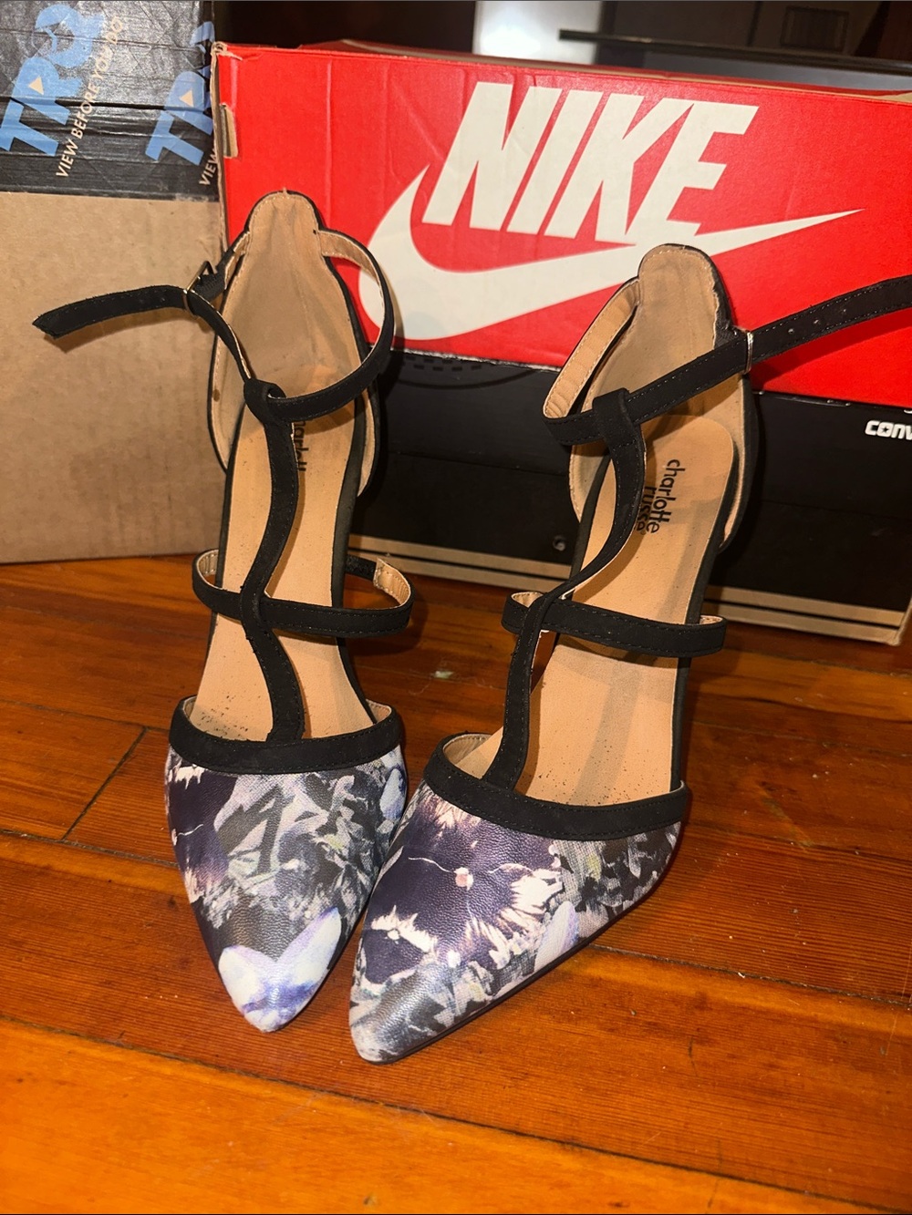 Charlotte Russe Black and Gray Floral Pointed-Toe Ankle-Strap Heels